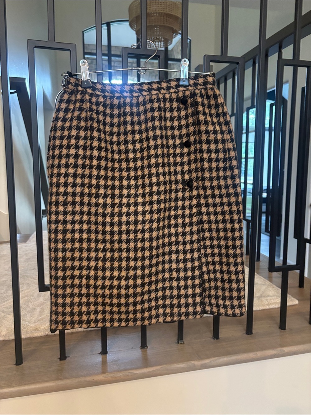 Valentino Black and Tan Houndstooth Midi Skirt